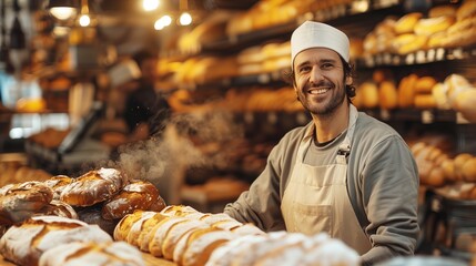Cheerful baker with freshly baked bread in a local bakery. - obrazy, fototapety, plakaty