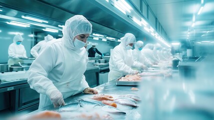 Workers in sanitary clothing processing fish in a modern food industry facility.
