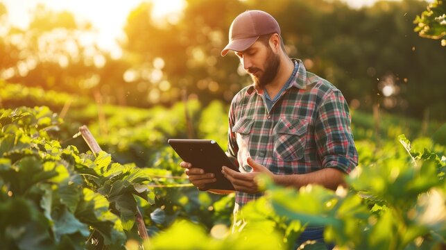 Concentrated male farmer using a tablet to check crop health in the field at sunset.