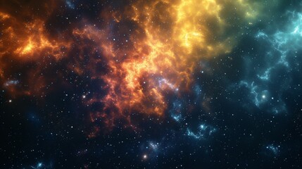 This image captures the ethereal beauty of space with vivid orange and blue nebulae, sparkling stars scattered across the cosmic landscape - obrazy, fototapety, plakaty