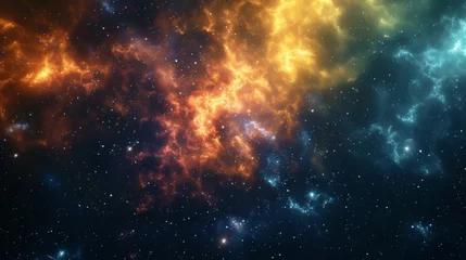 Foto op Canvas This image captures the ethereal beauty of space with vivid orange and blue nebulae, sparkling stars scattered across the cosmic landscape © Nicholas