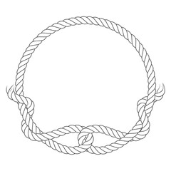 Round rope frame with knot loops, rope circle with ragged endings, fisher's knot, vector
