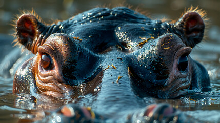 wildlife photography, authentic photo of a hippopotamus in natural habitat, taken with telephoto...