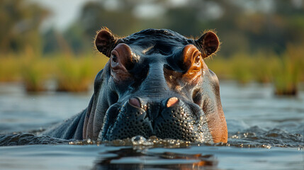wildlife photography, authentic photo of a hippopotamus in natural habitat, taken with telephoto...