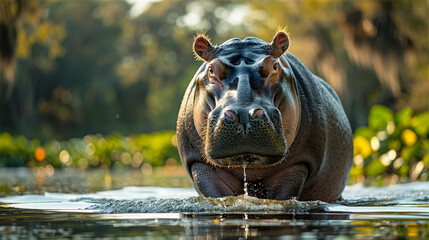 wildlife photography, authentic photo of a hippopotamus in natural habitat, taken with telephoto lenses, for relaxing animal wallpaper and more - obrazy, fototapety, plakaty