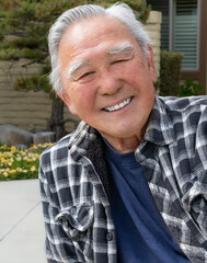 Casual Outdoor Portrait of Older Japanese Man in Afternoon on Mostly Overcast Day, in Front Yard, California, USA
