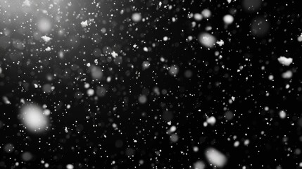 A serene image capturing the quiet beauty of snowflakes falling gently against a dark, misty background