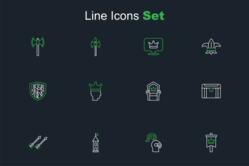 Set line Medieval flag, helmet, Castle tower, arrows, Antique treasure chest, throne, King crown and Shield icon. Vector
