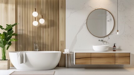 Modern Scandinavian Bathroom with Wooden Accents.