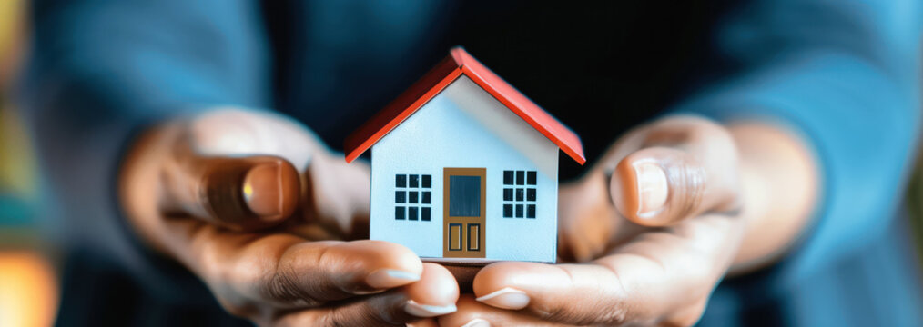 A wide header depicting buyer advocacy in real estate, owning a first home with mortgage. Two hands holding a miniature 3D model white house with red roof.