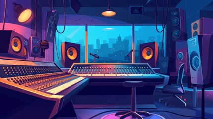 A vivid depiction of a modern recording studio overlooking a cityscape through the window Mixer desk and speakers feature prominently
