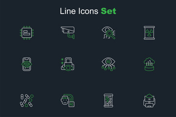 Set line Cloud database, Cryogenic capsules, Humanoid robot, Medical pill biohacking, Network cloud connection, Computer vision, Cyber security and icon. Vector