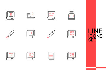 Set line Book with mathematics, E-Book reader, Holy book of Koran, Romance, User manual, Pen, and Fountain pen nib icon. Vector