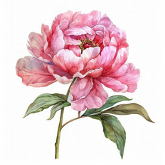 Watercolor illustration of a single pink peony flower with lush petals and green leaves on a clean white background, perfect for Mother's Day designs and spring-themed projects with copy space