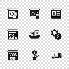 Set Dollar plant, Gear with dollar symbol, Armored truck, Cargo ship boxes delivery, Resume, Advertising, Video chat conference and Online shopping screen icon. Vector