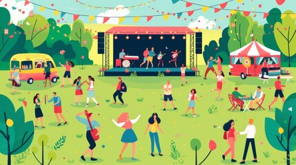 Lively illustration of a diverse crowd enjoying a music festival in a park-like setting with performers on stage