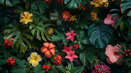 a tropical flower garden, with exotic blooms and lush foliage, creating a colorful
