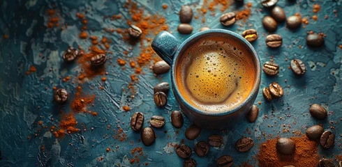  a cup of coffee surrounded by beans © olegganko