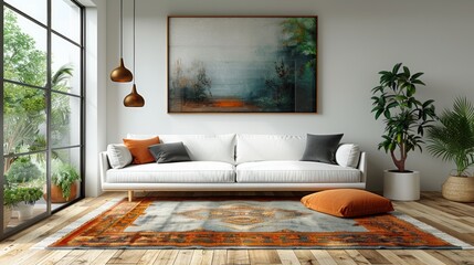 A minimalist living room with white walls and furniture, accented by a vibrant area rug