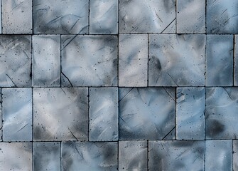 Coating with modern textured paving tiles of square shape.