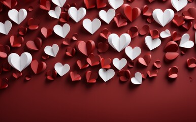 small hearts from paper on a red background