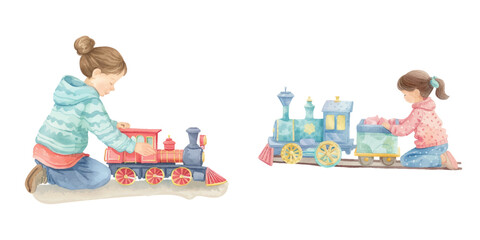 : cute kid playing train toy watercolour vector illustration 