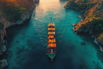Cargo vessel navigating a beautiful winding bay at sunset, highlighting the beauty of maritime trade - obrazy, fototapety, plakaty