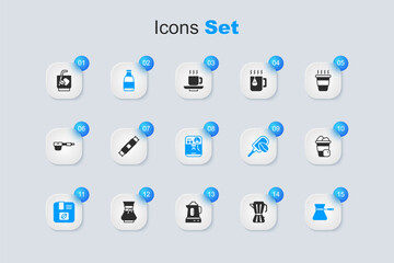 Set Coffee maker moca pot, Sugar stick packets, Milk bottle, Bag coffee beans, turk, Iced, Espresso tonic and machine icon. Vector