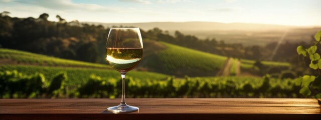 a glass of white wine sitting on a table in front of vineyards