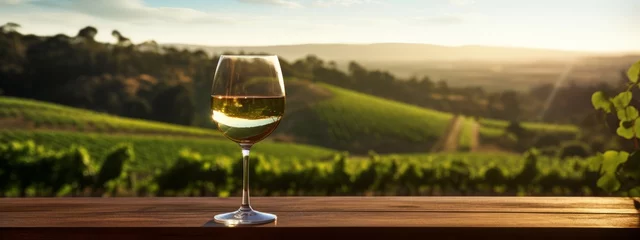 Foto auf Acrylglas a glass of white wine sitting on a table in front of vineyards © olegganko
