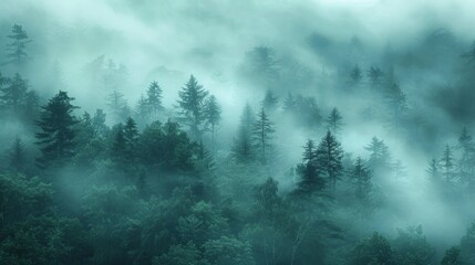 A minimalist photograph of a misty forest, with tall trees fading into the fog and a soft