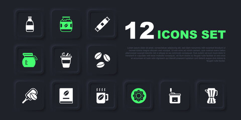 Set Manual coffee grinder, Coffee maker moca pot, cup to go, Donut, book, jar bottle and icon. Vector