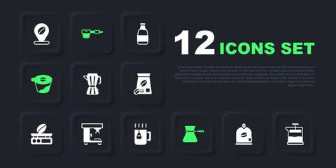 Set Bag of coffee beans, French press, Coffee maker moca pot, turk, Pour over, machine, filter holder and Cup tea with bag icon. Vector