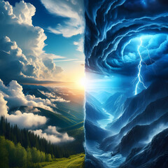 Sunny and rainy weather - Illustration divided into two parts : rainy weather on one side and sunny weather on the other.