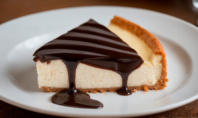 A piece of cheesecake topped with decadent chocolate sauce served on a pristine white plate.