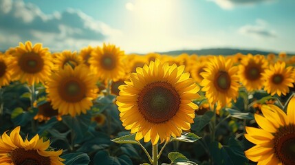 A sunflower field with tall sunflowers standing against a clear blue sky