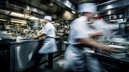 A dynamic kitchen scene capturing the essence of culinary hustle with chefs in motion amidst steam and clatter