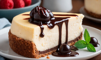 A piece of cheesecake topped with decadent chocolate sauce served on a pristine white plate.