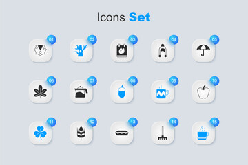 Set Garden rake, Teapot, Bare tree, Clover, Coffee cup, Apple, Chestnut and Acorn icon. Vector