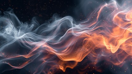 A mesmerizing image showing wavy patterns of orange and grey smoke intertwining against a dark...