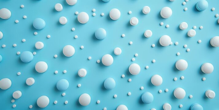 blue and white pills scattered on a blue background