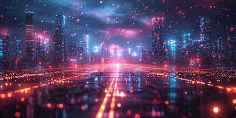 Abstract backgrounds with glowing neon lines and futuristic cityscapes.