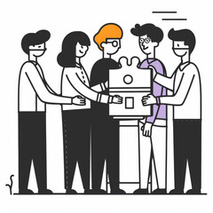 Professional Line Illustration of Team Completing Jigsaw Puzzle Gen AI