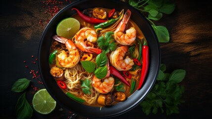 Top view of an elegant bowl of prawn noodle soup, garnished with lime wedges and chili peppers