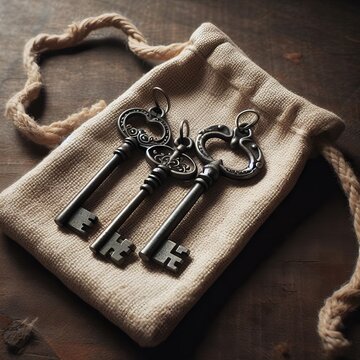 Three ornate antique keys present a sense of mystery and history as they rest on a woven canvas bag. The image invites wonder about the doors and secrets they might unlock.