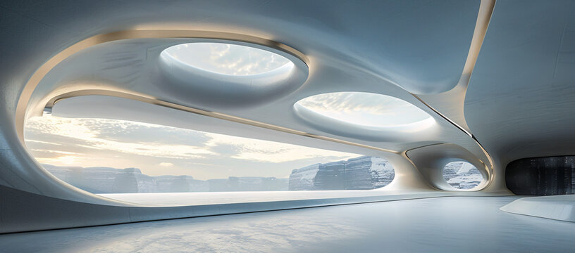 Futuristic Interior Hallway, Modern Architectural Design Concept