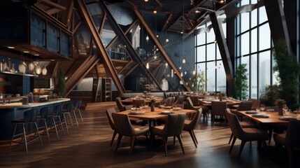 A warm and inviting restaurant interior with wooden elements and large windows offering natural light