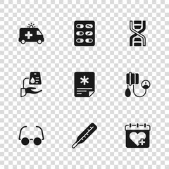 Set Medical thermometer, Blood pressure, Doctor appointment, Patient record, DNA symbol, Ambulance car, Pills blister pack and donation icon. Vector