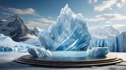 Fotobehang Ice background podium cold winter snow product platform floor frozen mountain iceberg. Podium glacier cool ice background stage landscape display icy stand 3d water nature pedestal arctic concept © pit