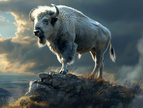 White American Bison Standing on Rocks, Rare White Buffalo